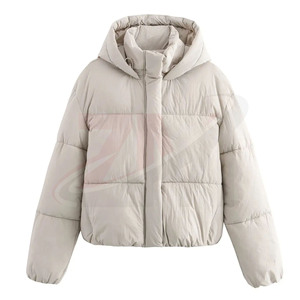 Veste courte matelassée pour femme avec capuche, fermeture éclair, couleur unie, vêtement d'hiver, manches longues, matière polyester - Product Image 1