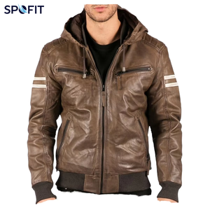 <b>Men's</b> Custom Leather Bomber Hooded <b>Jacket</b> Zipper Closure <b>Woollen</b> Silk Shell Casual Outerwear Winter Soft Breathable - Product Image 1