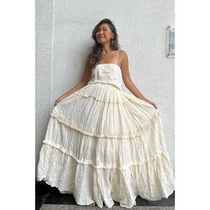 Bohemian White Tiered Ruffle Maxi Dress <b>Spaghetti</b> <b>Strap</b> Crinkle Cotton Summer Sundress Resort Wear Beach Weddings Organic Cotton - Product Image 1