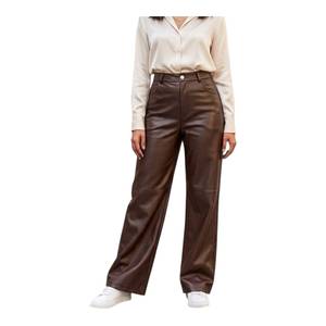Pantalon femme taille haute en similicuir PU, coupe droite décontractée, respirant, plissé devant, braguette boutonnée, marron, grande taille - Product Image 1