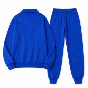 Ensemble de survêtement côtelé bleu de qualité supérieure, haut à col zippé et pantalon de jogging, logo personnalisé, vêtements de sport décontractés, vente en gros OEM, direct usine - Product Image 4
