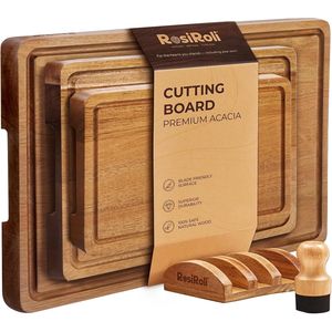 Ensemble de 3 planches à découper en bois d'acacia pour la cuisine, blocs de découpe épais et durables avec rainures pour le jus, poignées pratiques pour la préparation et le service - Product Image 3