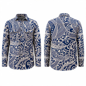 เสื้อเชิ้ตทำงานแขนยาวลายชนเผ่าสีน้ำเงินขาวสำหรับผู้ชาย ผ้าฝ้ายระบายอากาศ พิมพ์ลายดิจิทัล แฟชั่นยูนิฟอร์ม - Product Image 1
