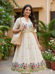 Kurti prêt-à-porter en soie Georgette brodée multicolore, style occidental, motif floral imprimé, longueur genou, pour usage quotidien - Product Image 4