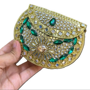 AL MALIK CRAFT Gold Plated Embroidered <b>Clutch</b> <b>Bag</b> with <b>Green</b> Kundan Stones Floral Design <b>for</b> <b>Wedding</b> Party Made in Uttar Pradesh - Product Image 1