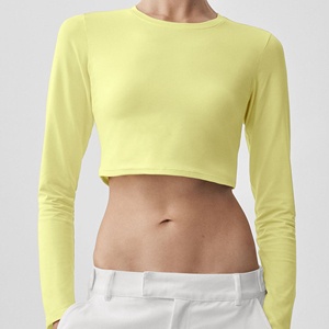 Women's <b>Yellow</b> Long Sleeve Crop <b>Top</b> O-Neck Knitted Stretch Solid Color Bow Style Breathable Sportswear - Product Image 1