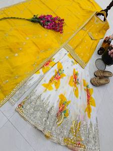 Traje Salwar Kameez de Georgette Amarillo Bordado con Dupatta, Ropa Étnica de Secado Rápido para Mujer, para Fiestas, Bodas, Graduaciones, Diwali - Product Image 6