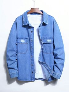 Veste en jean pour homme, classique, boutonnée, bleu uni, coton, décontractée, poches déchirées - Product Image 1