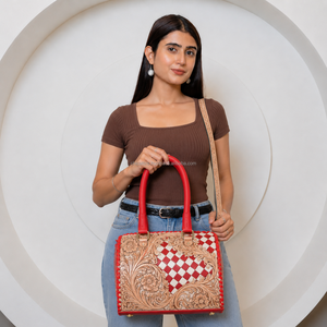 Newly Personalized 2026 <b>Tooled</b> Cow <b>Leather</b> Speedy Bag Red & White Checkered Medium 11" Western Cowgirl Handbag Crossbody Duffel - Product Image 5