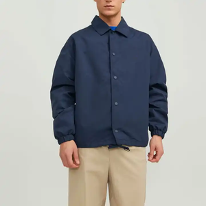 Dark Navy Casual Snap <b>Button</b> Outdoor Coach Jacket Basic Minimalist Nylon Fabric Breathable Spring Outerwear Wear - Product Image 1