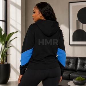 Sweat-shirt à capuche pour femme HMR Sorority Sisterhood avec logo personnalisé, noir et bleu, à blocs de couleurs, décontracté, avec poches - Product Image 4