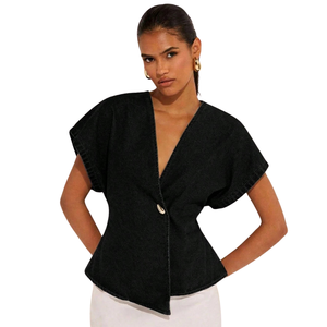 Womens <b>Black</b> Denim Washed 100% Cotton <b>Wrap</b> Style Short Sleeve V Neck Casual Blouse Elegant Office Summer Fashion Daily Wear Top - Product Image 1