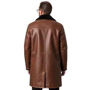 Manteau aviateur en cuir marron pour homme – Manteau d'hiver doublé de fausse fourrure - Product Image 2