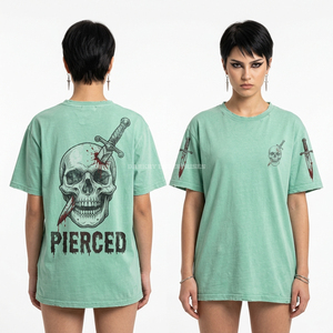 Camiseta de mujer Silence Stich con gráfico de boca y calavera, azul claro, lavado a la piedra, 190GSM, estilo streetwear personalizado, proveedor mayorista, camiseta a granel - Product Image 6