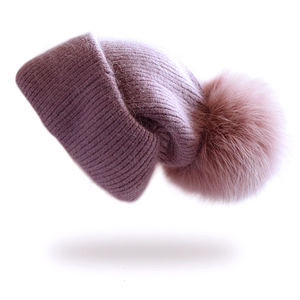 Gorro de Mohair de Invierno para Mujer, Gorro de Punto con Pompón, Suave, Color Azul Claro - Product Image 5