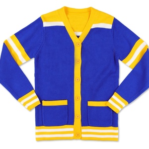 Cardigan tricoté jaune pour femme, col en V, manches longues, avec rayures violettes et boutons, pull décontracté classique - Product Image 4