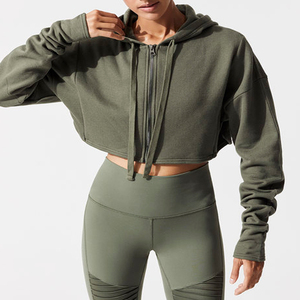 Sudadera corta con cremallera verde oliva para mujer, sudadera corta con cremallera completa, sudadera corta con hombros caídos y cremallera frontal, sudadera con capucha de manga larga - Product Image 5