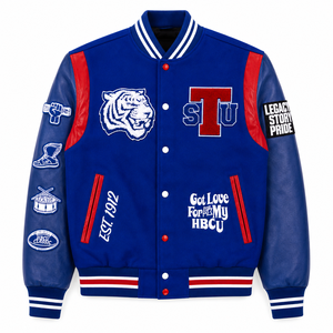Chaqueta Universitaria Personalizada Estilo HBCU con Bordado Chenille y Mangas de Cuero - Product Image 1