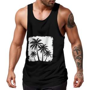 Camiseta sin mangas vintage para hombre, negra, de spandex/poliéster, cuello redondo, estilo casual, transpirable, tejido con diseño de logotipo frontal y cuentas, ecológica. - Product Image 1