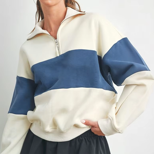 Women's Oversized Color Blocked <b>Zipper</b> Sweatshirt Long Sleeve Drop Shoulder Knitted 100% Cotton Autumn Wear Stand Collar - Product Image 4