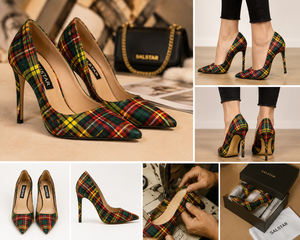 Fashion Women Tartan Stiletto Heels | <b>Pointed</b> Toe Plaid Pumps | Wholesale Ladies High Heels Traditional Wear Fashion - Product Image 3