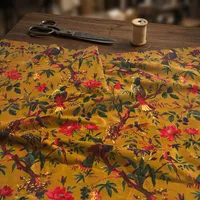 Rideaux, tissus d'ameublement et coussins en tissu 100% coton enduit PVC, imprimé floral jaune moutarde avec motif d'oiseaux, pour la décoration intérieure