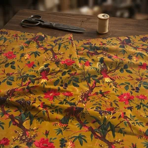 Cortinas de Tela con Estampado Floral de Aves en Amarillo Mostaza, 100% Algodón con Revestimiento de PVC, para Tapicería, Cojines y Decoración del Hogar - Product Image 6