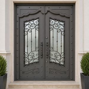 Porte d'entrée double en fer forgé gris avec panneaux en verre et poignées décoratives à motifs pour entrée de villa - Product Image 2