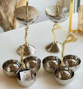Luxury 3-Compartment Hammered Silver Relish Dish Decorative Triple Serving Bowl with Gold Flower Handle Elegant Metal Snack Bowl - Product Image 6