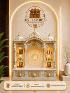 Traditional White and Gold Wood <b>Mandir</b> with Om Back Design Peacock Design Wooden <b>Mandir</b> for Living Room Decor Pooja Temple Unit - Product Image 5