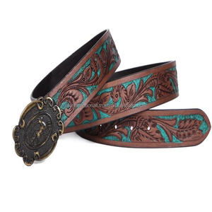 Excellent Craftmanship Turquoise hand carving floral embossed Men's Western leather tooling belt for <b>jeans</b> or trousers - Product Image 2