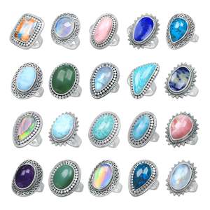 Meilleur prix de gros, bagues bohèmes vintage faites à la main, pierres précieuses, argent, laiton, assortiment de pierres naturelles pour femmes - Product Image 4