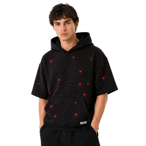 Sweat à capuche ample et scintillant rouge entièrement orné de strass, à manches courtes, en coton épais, style streetwear, fabrication sur mesure - Product Image 5
