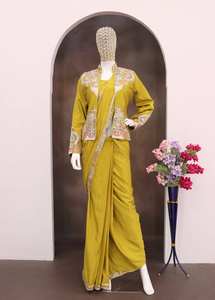 Conjunto de Saree y Blazer de Seda Estilo Bollywood de Moda, Chaqueta Bordada, Estilo Indo-Occidental, Traje de Boda de Invierno 2026 - Product Image 4