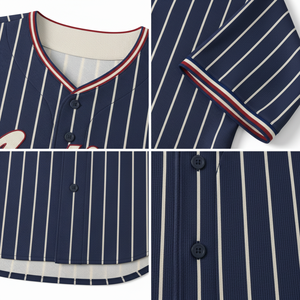 Maillot de baseball/softball rétro personnalisé respirant avec rayures brodées et nom d'équipe imprimé par sublimation, coupe courte devant, 100 % coton - Product Image 4