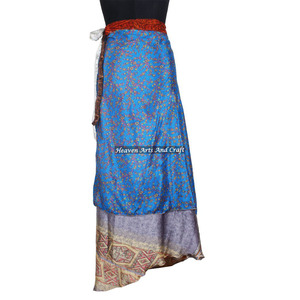 *Hot* Vintage Indian Two Layer <b>Boho</b> Hippie Long Length Magic Silk Wrap <b>Skirt</b> 2 Layer Reversible Magic Silk Saris Wrap Long <b>Skirt</b> - Product Image 5