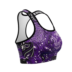 Sujetador deportivo para mujer con estampado de cachemira morado, espalda cruzada, soporte medio, cuello cuadrado, transpirable, top de fitness de elastano y poliéster - Product Image 6