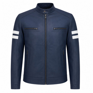 Custom Logo Men's Real Leather <b>Biker</b> <b>Jacket</b> Navy Blue Contrast <b>White</b> Arm Stripes Zip Up Motorcycle Coat Private Label Wholesale - Product Image 1