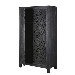 Luxury Handcrafted Solid Wood 2 Door <b>Wardrobe</b> Ornate Mandala Floral Carving Charcoal Black Armoire - Product Image 2