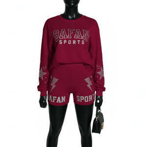 Ensemble T-shirt et short en coton pour femme, tissu extensible, strass, transfert thermique, logo personnalisé, 100% coton - Product Image 6