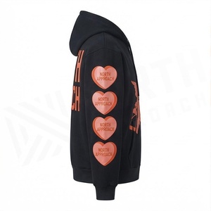 Sweat-shirt à capuche noir pour homme avec imprimé Cupidon orange, fermeture éclair, coupe classique, streetwear - Product Image 3