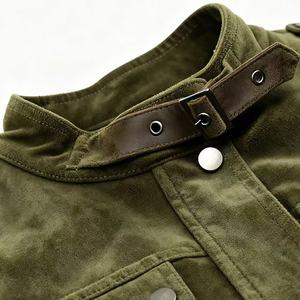 Men's Olive <b>Suede</b> <b>Bomber</b> <b>Jacket</b> Mandarin Collar Embroidered Fly Logo Casual Autumn Wear Regular Fit Button Closure - Product Image 4