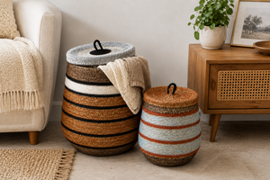 Striped <b>Plant</b> Fiber Eco-Friendly Storage <b>Baskets</b> Set with Handles Bowl Shape Rustic Multi-Purpose Home Decor - Product Image 4