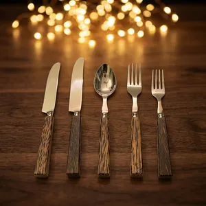 Real Natural Stainless Steel Handle American Style Back to School Flatware Handmade Cutlery Set with Salad Server Fork and Spoon - Product Image 4