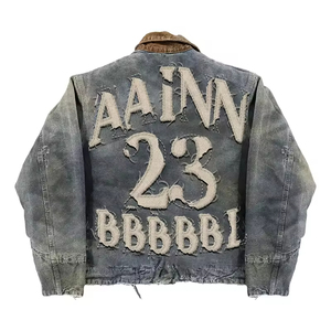 Vintage Distressed <b>Denim</b> Jacket Embroidered Patchwork Oversized Zip Up Y2K Streetwear Winter Jean <b>Coat</b> for Men - Product Image 4
