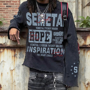 T-shirts personnalisés imprimés effet vieilli délavé à l'acide, en molleton bouclette 260 g/m², coupe ample, épais, pour hommes, à manches longues - Product Image 5