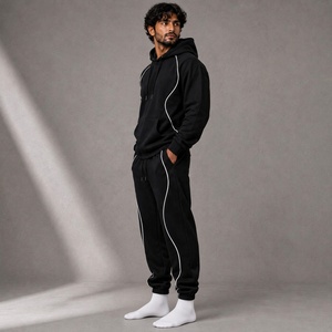 Ensemble de survêtement noir à capuche pour homme avec sweat à capuche et pantalon de jogging à bordure contrastante blanche, vêtements de sport décontractés - Product Image 5