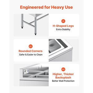 Lavello Commerciale in Acciaio Inossidabile 304 Calibro 18, Dimensioni Vasca 25x35x25 cm, 3 Scomparti con Alzatina, Lavello Bar a 3 Vasche - Product Image 5
