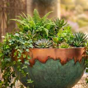 Pot de fleurs en métal rustique avec finition patinée pour plantation en extérieur, style vintage, avec plantes vertes - Product Image 1