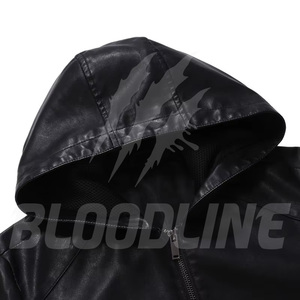 BLOODLINE Men's Black PU <b>Leather</b> Hooded <b>Jacket</b> Slim Fit Moto Biker Style Zipper Closure Autumn Wear - Product Image 6